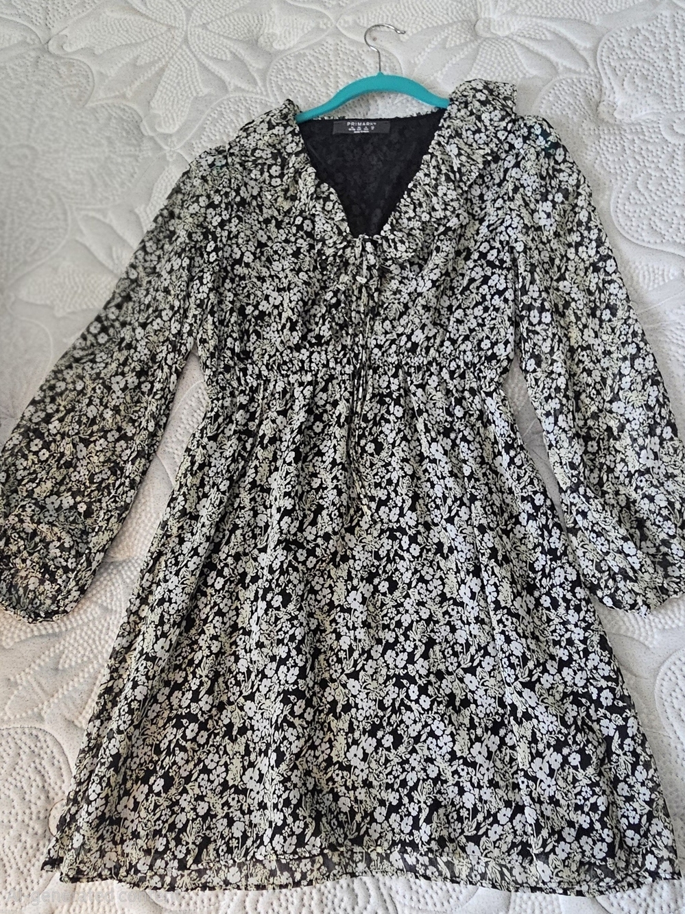Black and White Floral Kids Dress with Ruffle Collar